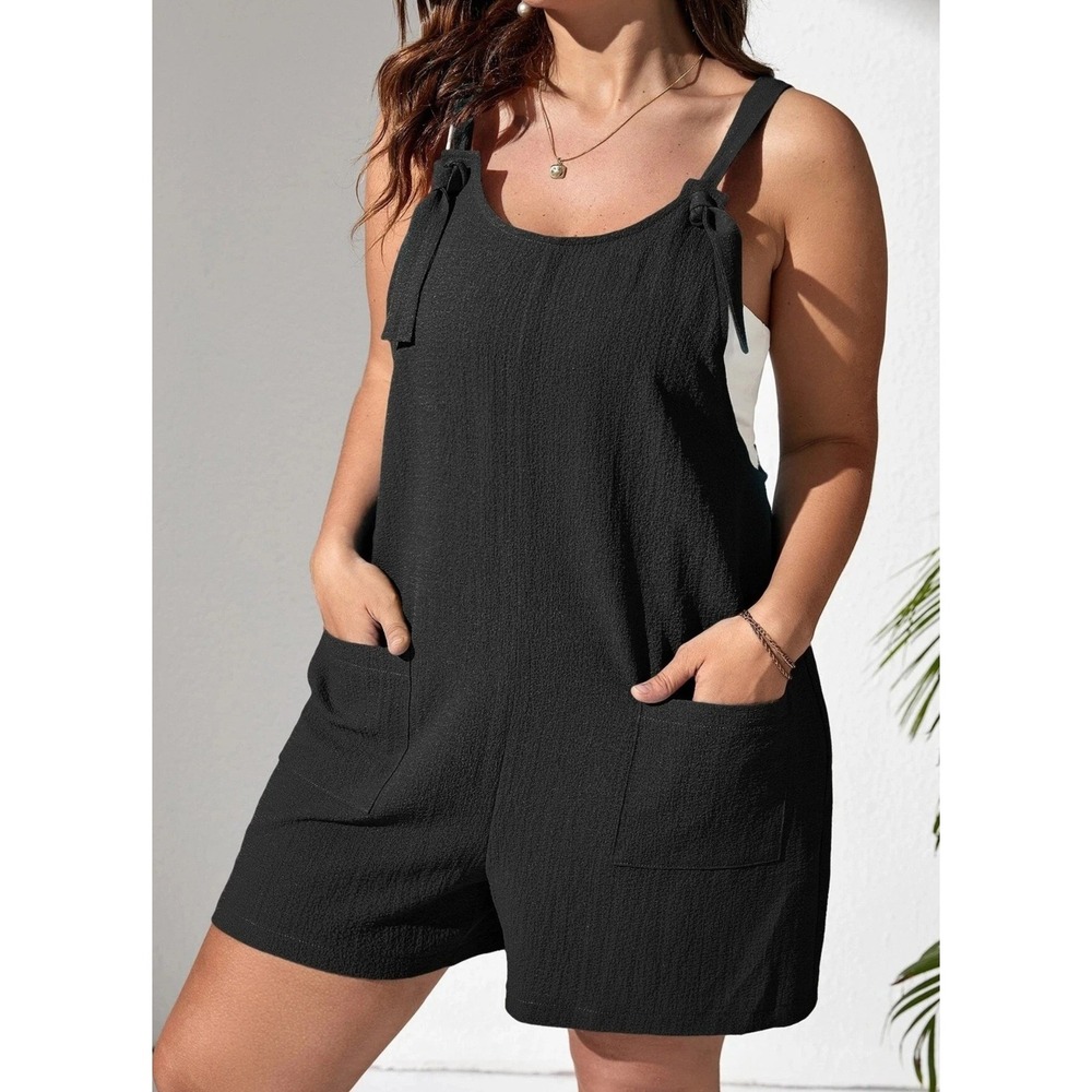 Romper Womens 2XL Black Tie Strap Textured Pocket Jumpsuit Boho Summer Casual